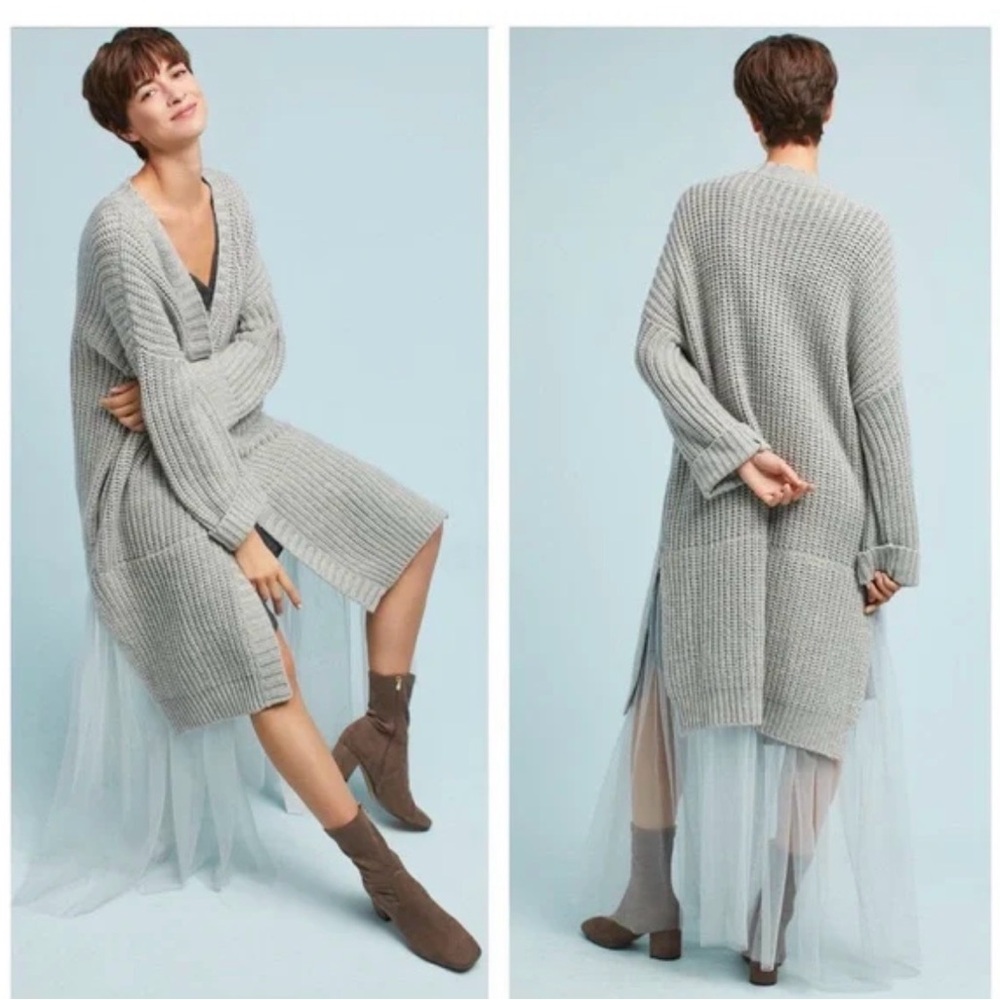 Anthropology AMADI xtra long Cozy Chunky Knit Gray Duster Cardigan Medium Large